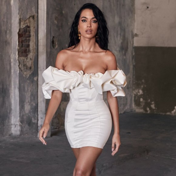 House of CB Selena Ivory Satin Ruffle Strapless Dress